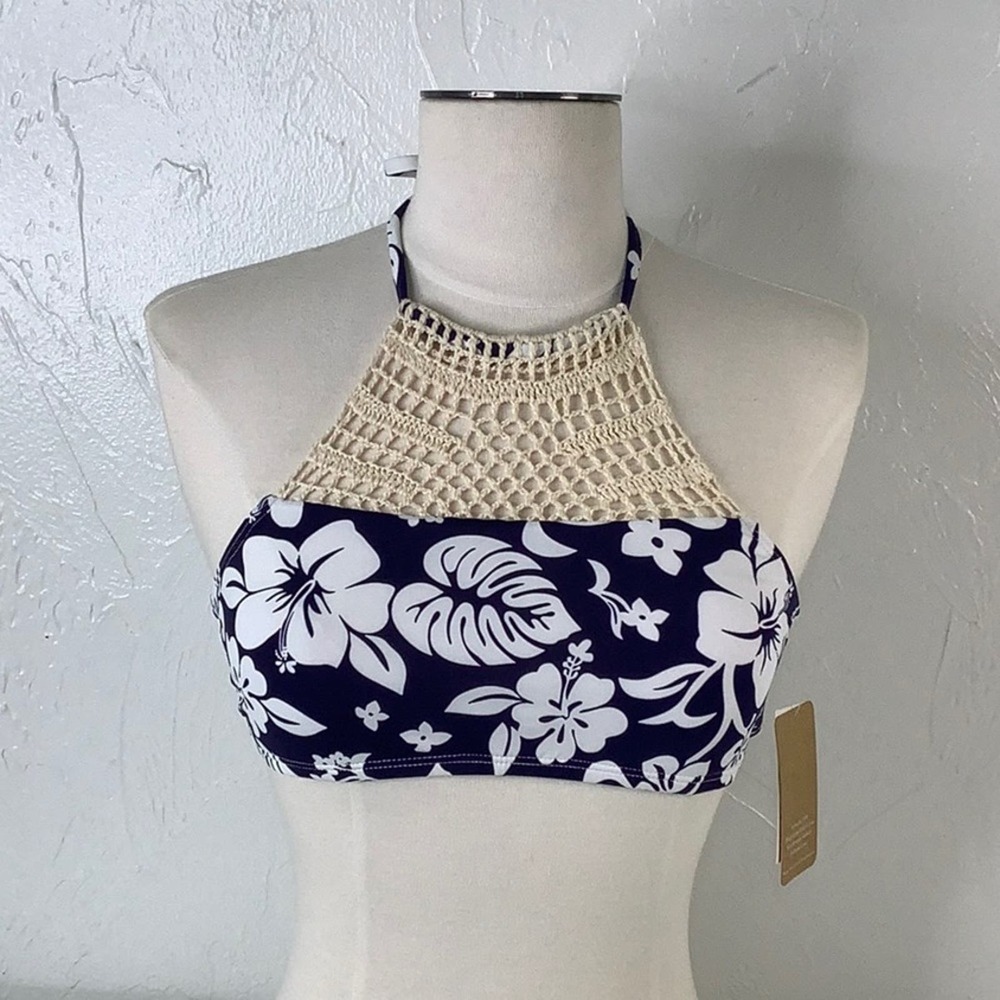 Hobie High Aloha Crochet neck Navy Hawaiian flowers bikini top girl size 12 NWT